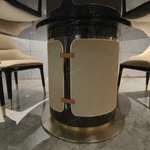 Round Marble Dining Table with Built-in Rotating Tray Woven Leather Pedestal and Metal Base